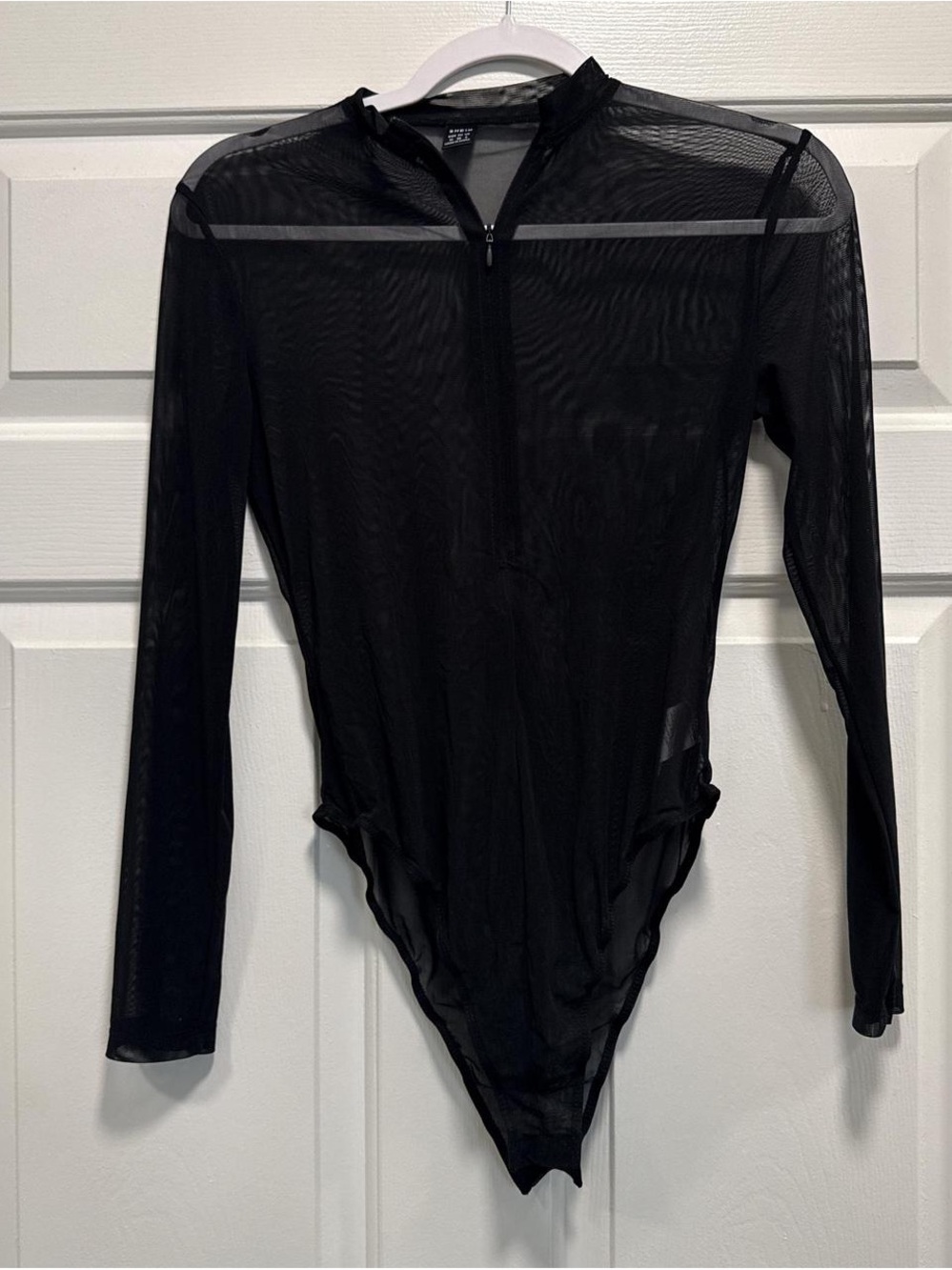 SHEIN Black Long-Sleeve Mesh Zip-Up One-Piece Bodysuit